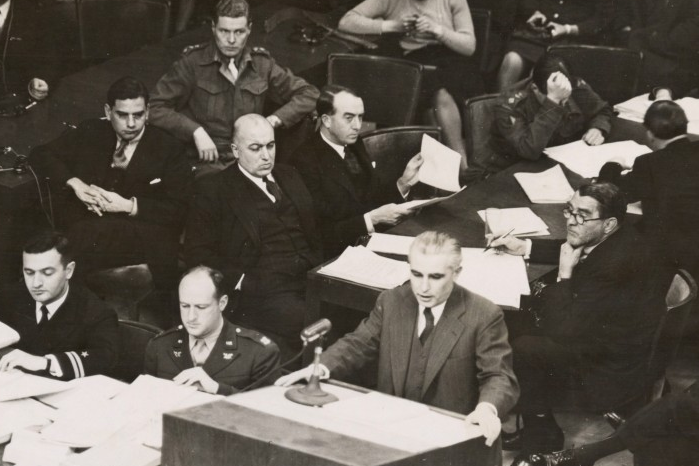 Thomas J. Dodd speaks at the Nuremberg trials.