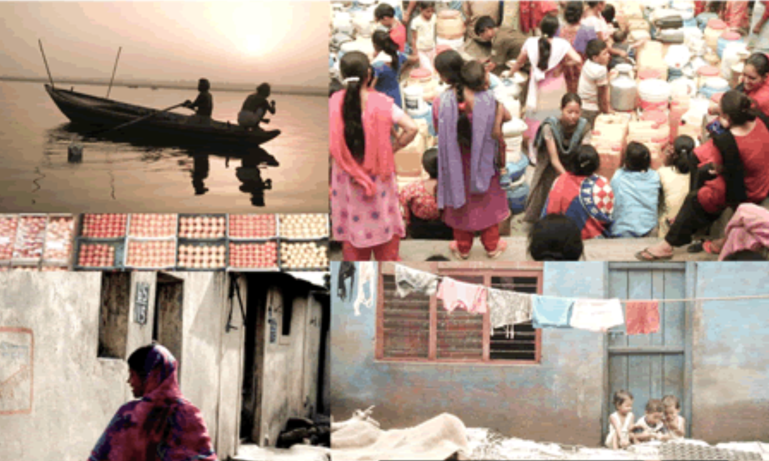 A photo is divided into four quadrants. The top left has a row boat on water with two people rowing. Below, in the bottom left a woman is shown with her face turned from the camera. In the top right corner, there is an image of many people around containers sitting. In the bottom right are three small children sitting together on the ground outside.